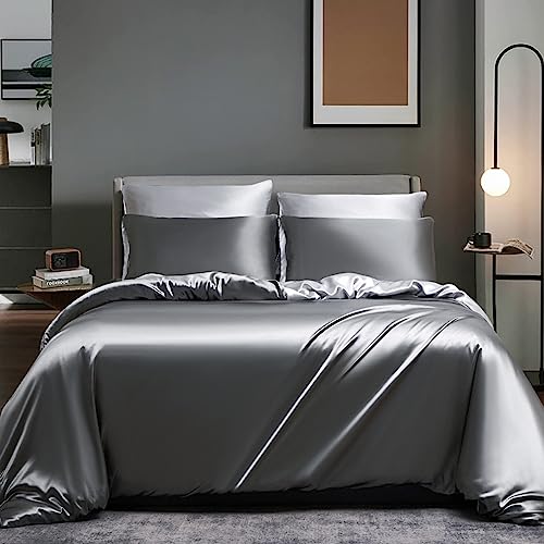 Boqingzhu Satin Bettwäsche 135x200cm 4Teilig Grau Dunkelgrau Anthrazit Hellgrau Luxus Seide Wende Glanzsatin Bettwäsche Set Uni Einfarbig Glatt Glänzend 2 Bettbezüge und 2 Kissenbezüge 80x80cm von Boqingzhu