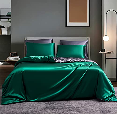 Boqingzhu Satin Bettwäsche 135x200cm 4Teilig Grün Dunkelgrün Grau Dunkelgrau Luxus Seide Wende Glanzsatin Bettwäsche Set Uni Einfarbig Glatt Glänzend 2 Bettbezüge und 2 Kissenbezüge 80x80cm von Boqingzhu