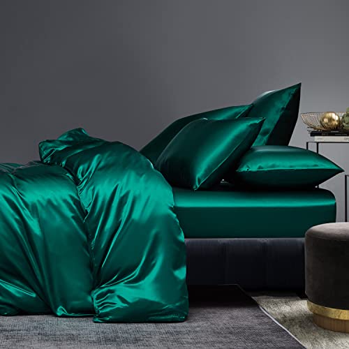 Boqingzhu Satin Bettwäsche 135x200cm Grün Dunkelgrün Uni Einfarbig Glatt Glänzend Luxus Seide Bettwäsche Set Bettbezug mit Reißverschluss und Kissenbezug 80x80cm von Boqingzhu