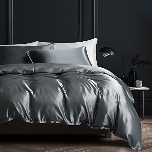 Boqingzhu Satin Bettwäsche 155×220cm Grau Dunkelgrau Anthrazit Uni Einfarbig Glatt Glänzend Luxus Seide Bettwäsche Set Bettbezug mit Reißverschluss und 2 Kissenbezüge 80x80cm von Boqingzhu