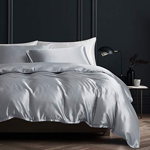 Boqingzhu Satin Bettwäsche 155x220cm Grau Uni Glatt Glänzend Glanzsatin Bettwäsche Set Bettbezug mit Reißverschluss und Kissenbezug 80x80cm von Boqingzhu