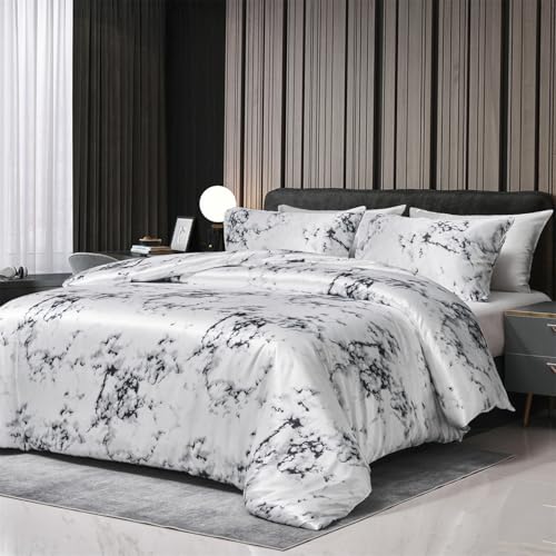 Boqingzhu Satin Bettwäsche 155x220cm Grau Weiß Marmor Optik Muster Modern Aesthetic Edel Seide Bettwäsche Set Sommer Winter Doppelbett Bettbezug 155 x 220 cm und Kissenbezug 80 x 80 cm von Boqingzhu