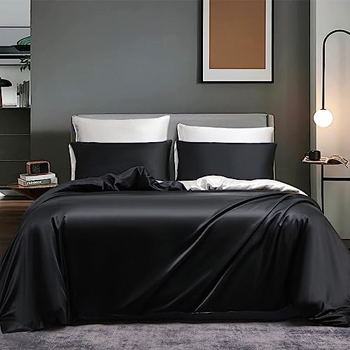 Boqingzhu Satin Bettwäsche 155x220cm Seide Schwarz Weiß Uni Einfarbig Glatt Glänzend Luxus Glanzsatin Wendebettwäsche Set Bettbezug mit Reißverschluss und 2 Kissenbezüge 80x80cm von Boqingzhu