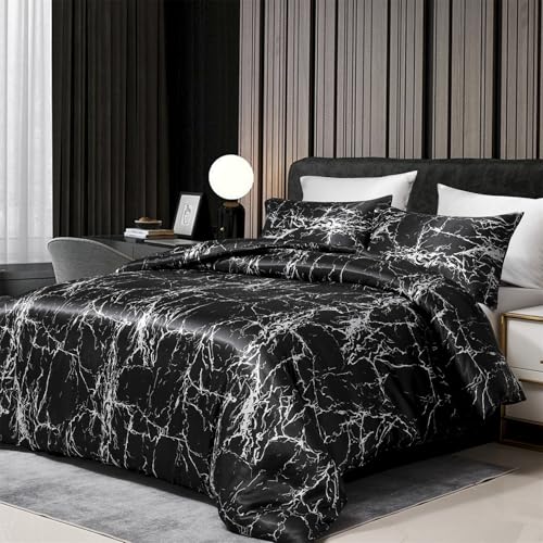 Boqingzhu Satin Bettwäsche 220x240cm Schwarz Weiß Marmor Optik Muster Modern Aesthetic Edel Seide Bettwäsche Set Sommer Winter Doppelbett Bettbezug 220 x 240 cm und Kissenbezug 80 x 80 cm von Boqingzhu