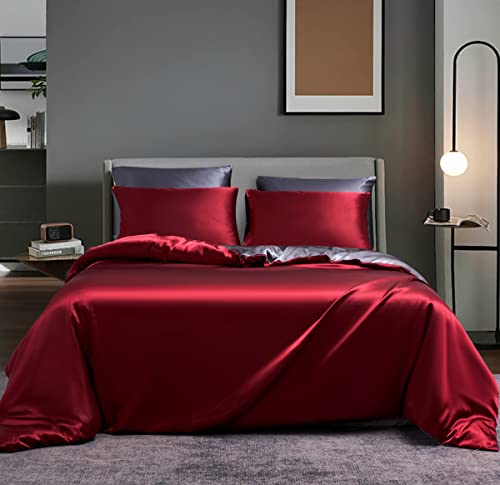 Boqingzhu Satin Rote Graue Bettwäsche 200x200cm Seide Uni Glatt Glänzend Luxus Glanzsatin Wendebettwäsche Set Weinrot Anthrazit Einfarbig Bettbezug mit Reißverschluss und 2 Kissenbezüge 80x80cm von Boqingzhu