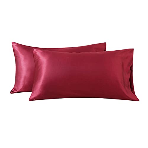 Boqingzhu Satin Seide Kissenbezug 40×80cm Rot Uni Kissenhülle Haar- und Hautpflege im Umschlagstil 2 Stück von Boqingzhu