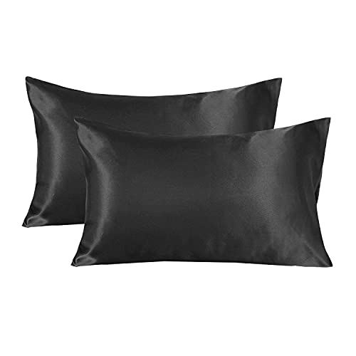 Boqingzhu Satin Seide Kissenbezug 40×80cm Schwarz Uni Kissenhülle Haar- und Hautpflege im Umschlagstil 2 Stück von Boqingzhu