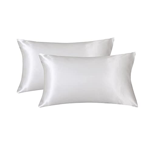 Boqingzhu Satin Seide Kissenbezug 40×80cm Weiß Uni Kissenhülle Haar- und Hautpflege im Umschlagstil 2 Stück von Boqingzhu