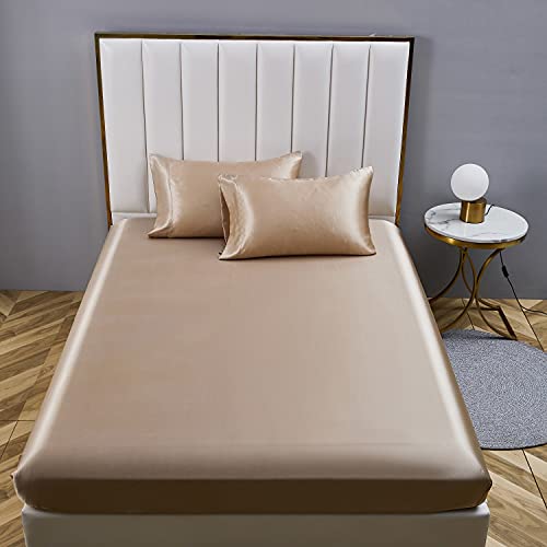 Boqingzhu Satin Spannbettlaken 140x200cm Gold Uni Seide Spannbetttuch Microfaser Bettlaken für bis 30cm Matraze von Boqingzhu