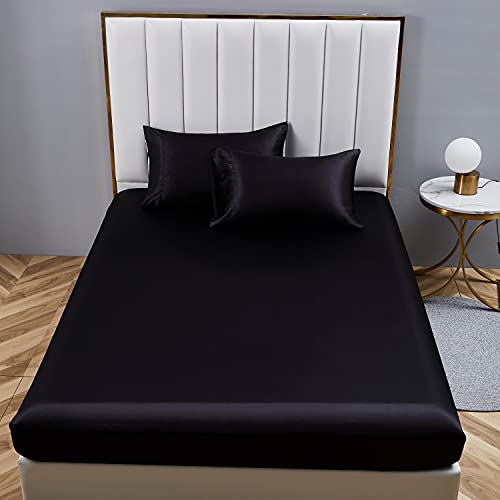 Boqingzhu Satin Spannbettlaken 140x200cm Schwarz Uni Seide Spannbetttuch Microfaser Bettlaken für bis 25cm Matraze von Boqingzhu