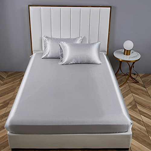 Boqingzhu Satin Spannbettlaken 160x200cm Grau Hellgrau Uni Seide Spannbetttuch Microfaser Bettlaken für bis 30cm Matraze von Boqingzhu