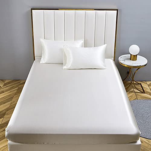 Boqingzhu Satin Spannbettlaken 180x200cm Weiß Uni Seide Spannbetttuch Microfaser Bettlaken für bis 30cm Matraze von Boqingzhu