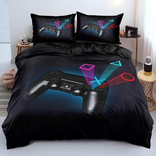 Boqingzhu Schwarze Bettwäsche 135x200cm Gamer Gamepad Spiele Jungen Wende Bettwäsche Set 3D Druck Microfaser Bettbezug und Kissenbezug 80x80cm mit Reißverschluss von Boqingzhu