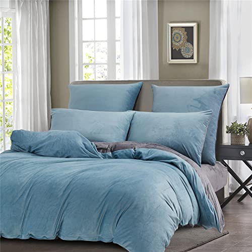 Boqingzhu Winter Bettwäsche 155×220cm Plüsch Blau Hellblau Grau Biber Flanell Warm Kuschelig Flauschig Wende Bettwäsche Teddy Fleece Samt Cashmere Touch Bettbezug 155×220cm von Boqingzhu