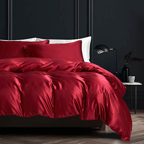 Boqingzhu Satin Bettwäsche 135x200cm Rot Weinrot Glatt Glanzatin Seide Bettwäsche Set Luxus Bettbezug mit Reißverschluss und Kissenbezug 80x80cm von Boqingzhu