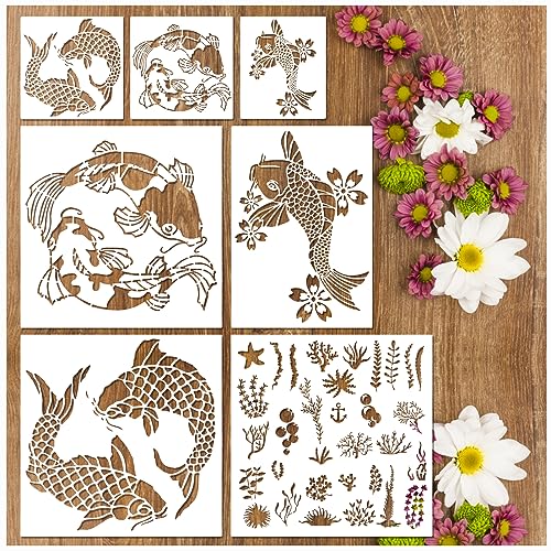 Koi-Fisch-Schablonen, wiederverwendbar, Meerespflanze, Algen, Schablonen zum Malen auf Holz, Leinwand, Wänden, Bodendekorationen, DIY-Handwerksprojekte (Koi-Fisch) von Boqon