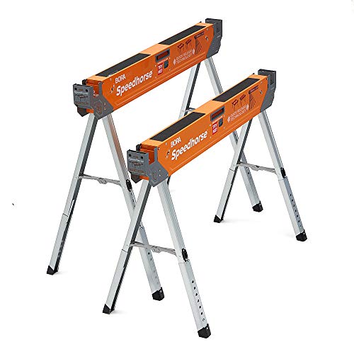 Bora Portamate Speedhorse Sägebock-Paar, 2 Stück, Tischständer mit klappbaren Beinen, Metallplatte für 2x4, robustes Pro Banksägenpferd für Holzbearbeitung, Tischler, Bauunternehmer, PM-4500T von Bora