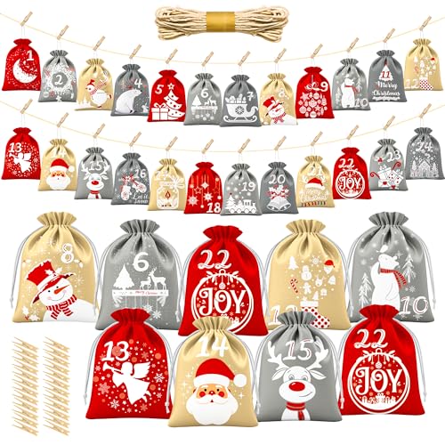 BoriYa Adventskalender zum Befüllen - Samtbeutel Stoff Adventskalender Tüten Selber Befüllen für Kinder, 24 Groß Adventkalender Stoffbeutel DIY Adventstüten, 2025 Weihnachten Advents Säckchen von BoriYa