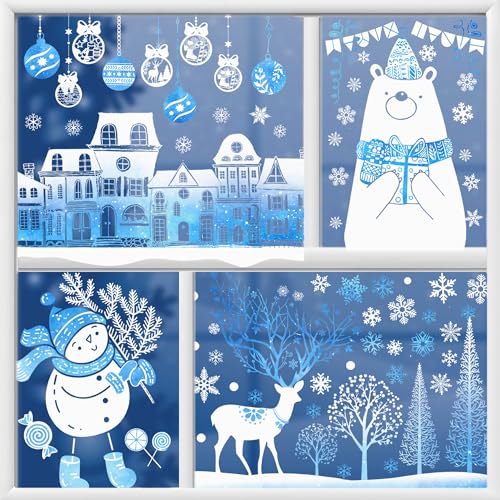 Fensterbilder Weihnachten Wiederverwendbar -185 Eisblauer Weihnachtsfensterbilder, Weiß Weihnachts Fensterbilder Selbstklebend,Weihnachten Schneeflocken Deko,Fensterfolie Winter Pvc Static Fensterdeko von BoriYa