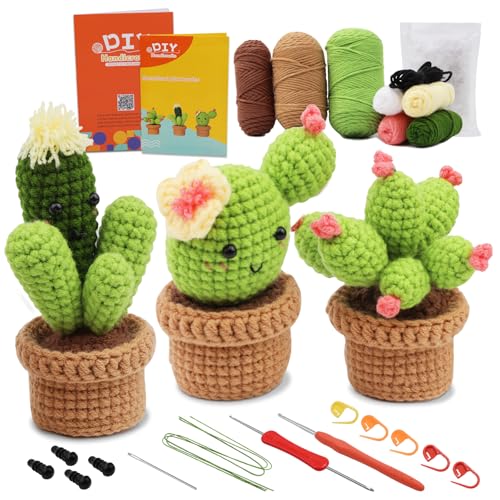 Boriad Häckel Kit für Anfänger,3 Cactus Stricken für Anfänger set,Crochet Set mit Häkelanleitung für Erwachsene und Kinder,Häkelset mit Schritt-für-Schritt-Videoanleitungen in deutscher Sprache von Boriad