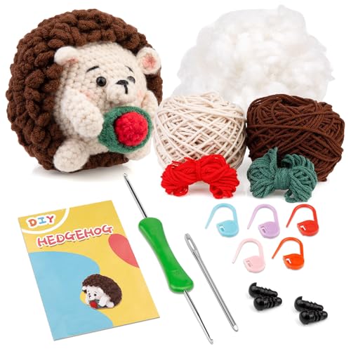Boriad Häckel Kit für Anfänger,Häkelset mit Schritt-für-Schritt-Videoanleitungen in deutscher Sprache,Stricken für Anfänger set,Crochet Set mit Häkelanleitung für Erwachsene und Kinder,Igel von Boriad
