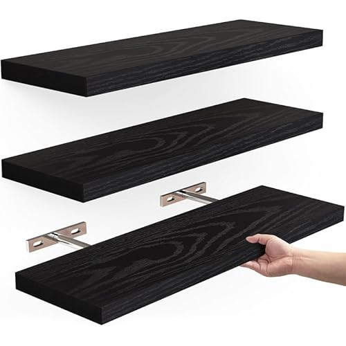 Wandmontierte Holzregal-Kollektion (3 Stück) - Schwebendes Design mit rustikaler Oberfläche - Perfekt für Küchengewürze, Badezimmer-Deko oder Bücher - Einfache DIY-Montage von Borlai