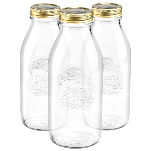 Bormioli Rocco 3X 1L Quattro Stagioni Glasflaschen mit Schraubdeckel - Klar Wiederverwendbar Saft Wasser Smoothie Getränk Kühlschrank Lagerbehälter von Bormioli Rocco