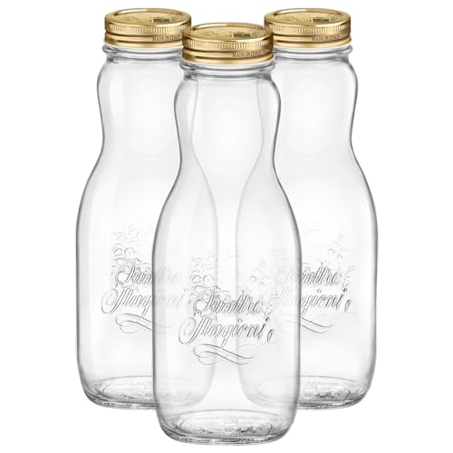 Bormioli Rocco 3X 1L Quattro Stagioni Saftflaschen aus Glas mit Schraubdeckel - Klar Wiederverwendbar Wasser Smoothie Milch Getränk Kühlschrank Lagerbehälter von Bormioli Rocco