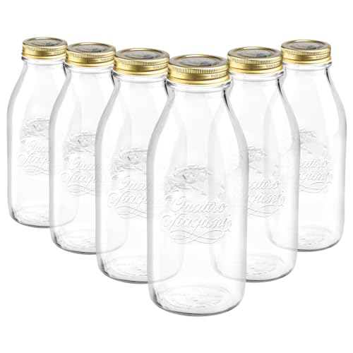 Bormioli Rocco 6X 1L Quattro Stagioni Glasflaschen mit Schraubdeckel - Klar Wiederverwendbar Saft Wasser Smoothie Getränk Kühlschrank Lagerbehälter von Bormioli Rocco
