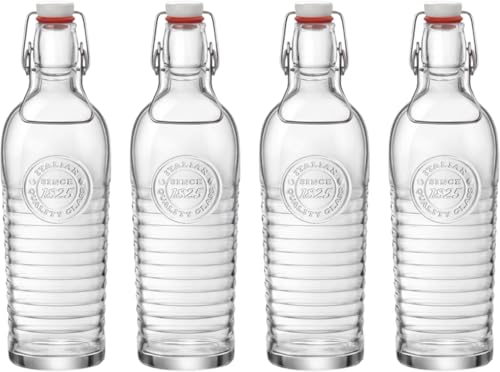 Bormioli 4er Set Glasflaschen Officina 1825 - Mit Relief und Riffelung - Italienische Qualität - Ideal für Einkochen, Getränke, Fermentierung, Dekoration, 540621MBA321990, Transparent von Bormioli Rocco