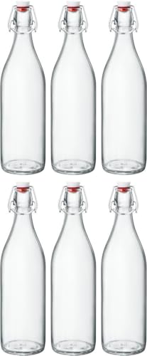 Bormioli Glasflaschen mit Bügelverschluss 'Giara' 6 teilig | Füllmenge 1000 ml | Gesamthöhe 32cm | Bügelflaschen 1L Öl-Flaschen Likörflaschen Saftflaschen Einmachflaschen von Bormioli