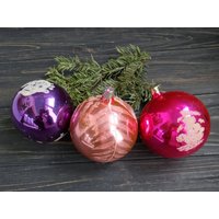 Glas Ornament Lampen 3Er Set Glaskugel Mit Fisch Schiff Vintage Weihnachtsbaum Dekoration Lila Pink Orange Runde Glasornamente von BornInTheSoviet