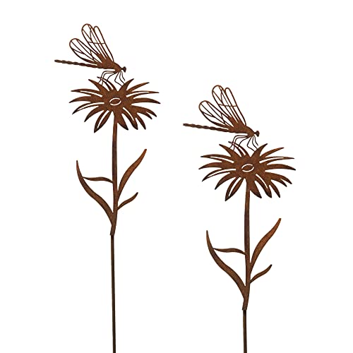 Bornhöft Gartenstecker 2er Set Libelle auf Blume Metall Rost Gartendeko Edelrost rostige Deko Beetstecker Insekt von Bornhöft