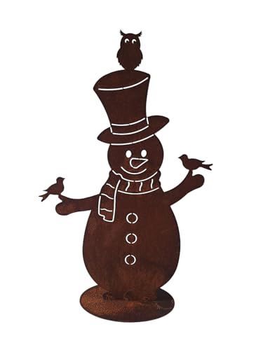 Gartenfigur Schneemann aus Edelrost, 3D Winterdeko mit Vögeln und Eule, Rostoptik Gartendekoration 51CM XXL von Bornhöft