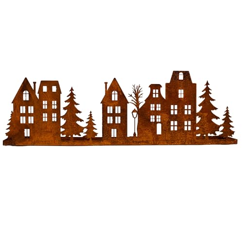 Kerzentablett Winterlandschaft Tablett Edelrosttablett Edelrostdeko Weihnachtsdorf Winterdorf Dekotablett Metalltablett Kerzenhalter Aufsteller Dekoaufsteller (Edelrost 60cm) von Bornhöft