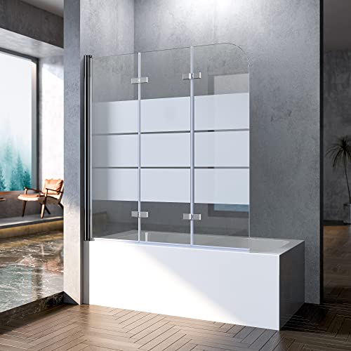 Boromal 120x140cm Duschwand für Badewanne 3-teilig Faltbar Duschtrennwand Milchglas Streifen Badewannenaufsatz Duschabtrennung mit 6mm ESG Glas von Boromal