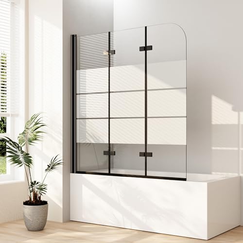 Boromal 130x140cm Duschwand für Badewanne 3-teilig Milchglas Streifen Faltbar Duschwand Schwarz Duschtrennwand Faltwand Badewannenaufsatz Duschabtrennung 6mm ESG Glas von Boromal