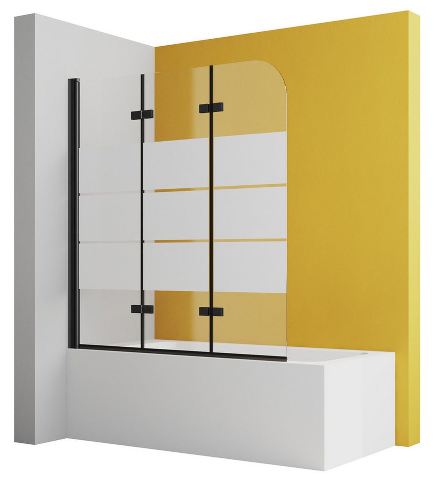 Boromal Badewannenaufsatz 3 teilig Schwarz Faltbar Duschwand Badewanne Glaswand Duschtrennwand, Sicherheitsglas, (Badewannenabtrennung 3-teilig mit Milchglas Streifen), 5mm ESG Glas, Badewannenfaltwand von Boromal