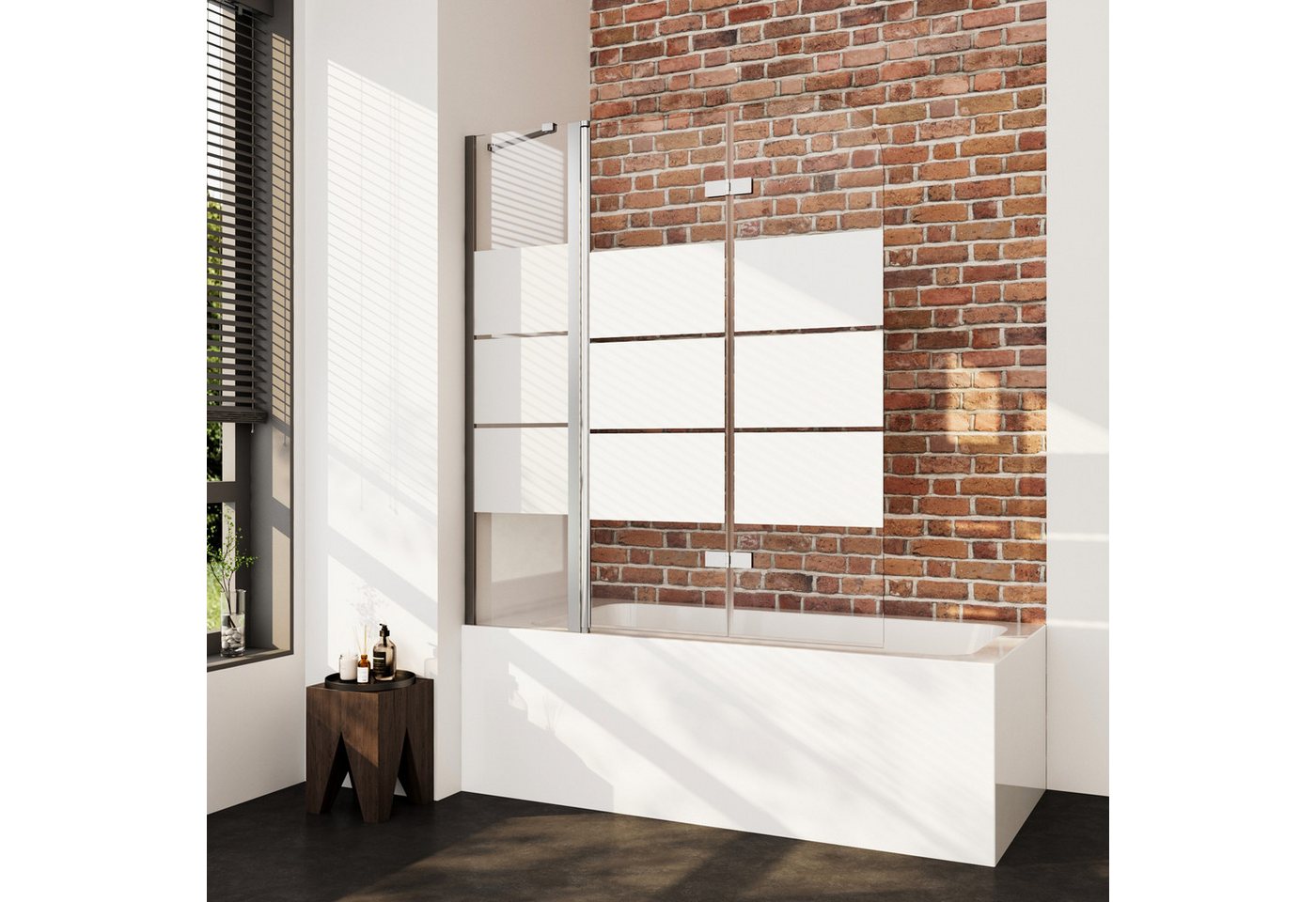 Boromal Badewannenaufsatz Glas 140 x 140cm 3 teilig Duschwand für Badewanne faltbar 180°, 5mm Sicherheitsglas, (Badewannenfaltwand milchglas, Schwarz Weiß Chrom), Hebe- / Senkfunktion,Rechts-und Links montierbar von Boromal