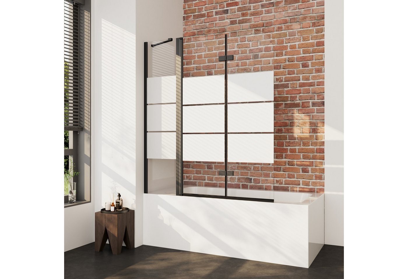Boromal Badewannenaufsatz Schwarz Duschwand für Badewanne milchglas mit Haltestange, 6mm ESG, 160x140, 150x140, 140x140cm, (Duschtrennwand Glas Gestreift, 2teilig Faltwand mit festem segment), mit Duschdichtung, Hebe- / Senkfunktion von Boromal