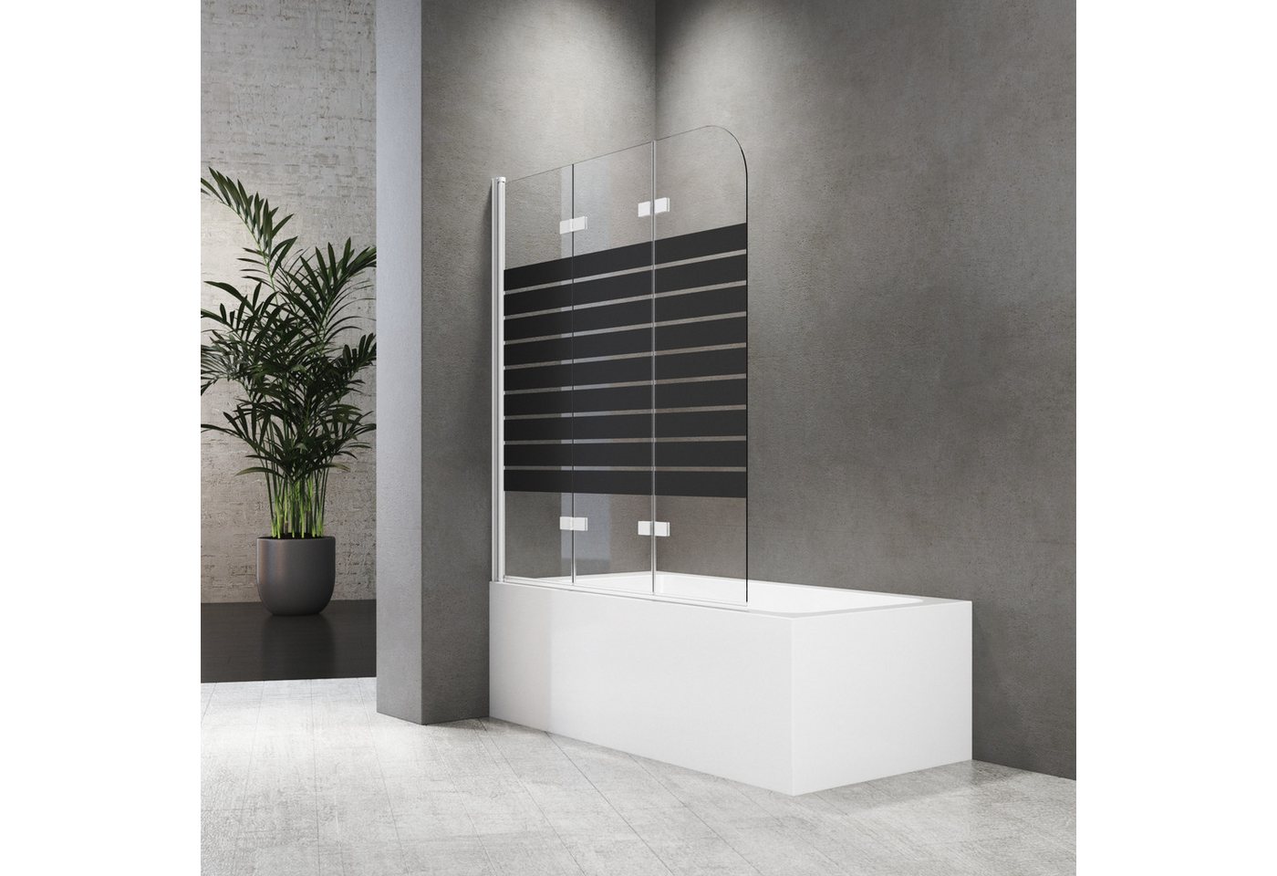 Boromal Badewannenaufsatz Schwarz Milchglas Weiß Badewannenfaltwand Glas 3 teilig faltbar, 5mm Sicherheitsglas, (Duschwand für Badewanne, Gestreift), Beidseitig 180° schwenkbar, Aluprofile von Boromal