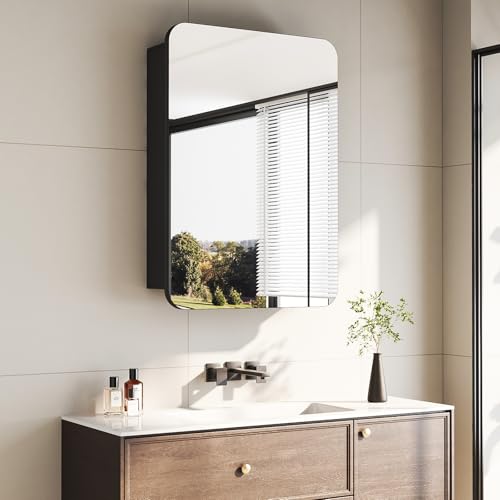 Boromal Badezimmerschrank mit Spiegel Spiegelschrank Bad mit Innenspiegel Medizinschrank Metall Badezimmer Spiegelschrank Schwarz mit Verstellbare Glasablage (40x60x12,5cm) von Boromal