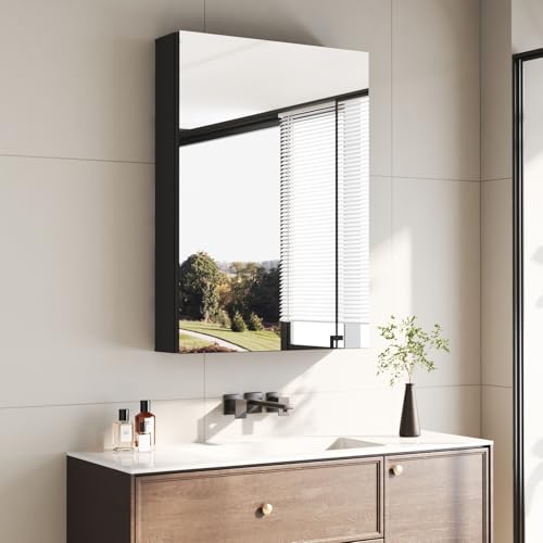 Boromal Badezimmerschrank mit Spiegel Spiegelschrank Bad mit Innenspiegel Medizinschrank Metall Badezimmer Spiegelschrank Schwarz mit Zwei Verstellbare Glasablage (50x70x12,5cm) von Boromal