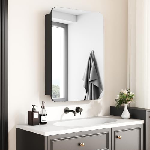 Boromal Badezimmerschrank mit Spiegel Spiegelschrank Bad mit Innenspiegel Metall Badezimmer Spiegelschrank Schwarz Medizinschrank mit Verstellbare Glasablage (40x60x12,5cm) von Boromal