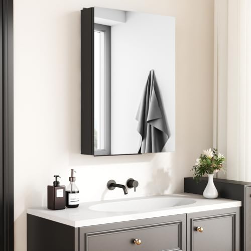 Boromal Badezimmerschrank mit Spiegel Spiegelschrank Bad mit Innenspiegel Metall Badezimmer Spiegelschrank Schwarz Medizinschrank mit Zwei Verstellbare Glasablage (50x70x12,5cm) von Boromal
