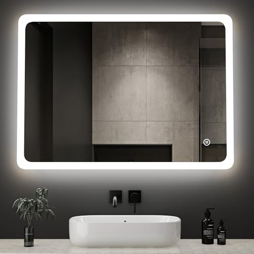 Boromal LED Badspiegel mit Beleuchtung 50x70cm Badspiegel Dimmbar Badezimmer Wandspiegel 3 Lichtfarbe 3000-6500K Kaltweiß Neutral Warmweiß Badezimmerspiegel Kosmetikspiegel mit Beleuchtung von Boromal
