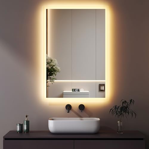 Boromal Badspiegel Dimmbar 50x70cm LED Badspiegel mit Beleuchtung und Uhr 3 Lichtfarbe 3000-6500K Kaltweiß Neutral Warmweiß Badezimmerspiegel LED Spiegel mit Uhr, Touch Schalter von Boromal