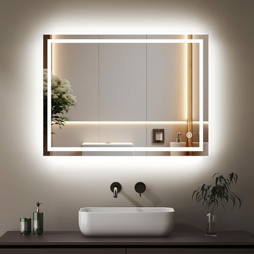 Boromal Badspiegel Dimmbar 80x60cm Badspiegel mit Beleuchtung Wandschalter 3 Lichtfarbe 3000-6500K Kaltweiß Neutral Warmweiß Badezimmerspiegel LED Spiegel Wandspiegel Lichtspiegel von Boromal