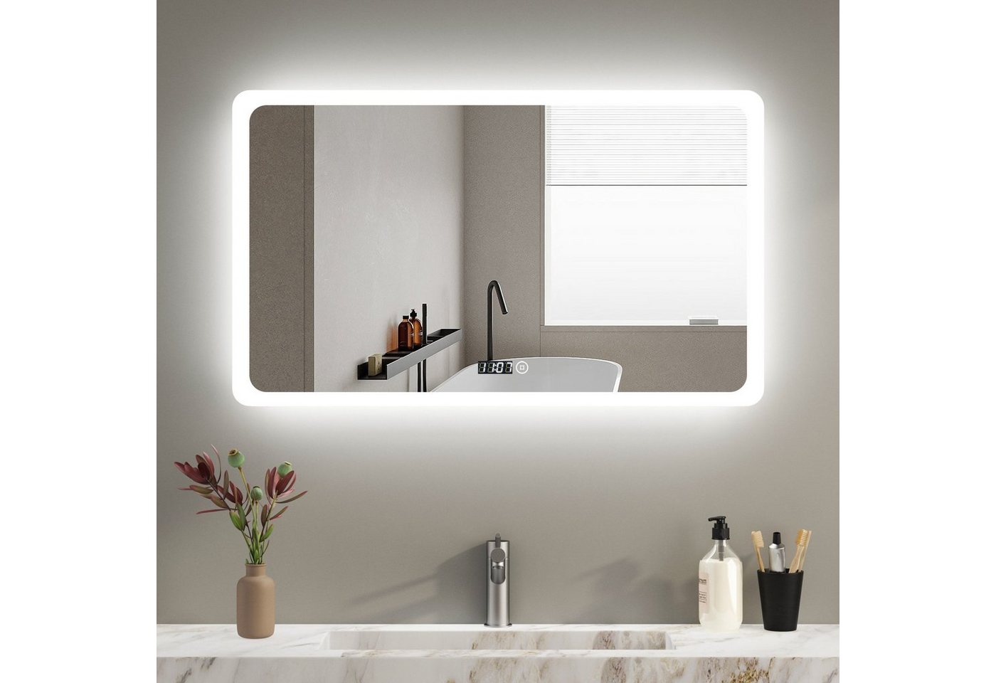 WDWRITTI Badspiegel Led Touch mit beleuchtung und Uhr 100x60cm Spiegel groß 3Lichtfarben (Helligkeit dimmbar, Speicherfunktion, Touch, Wandschalter), Energiesparend, IP44 von WDWRITTI