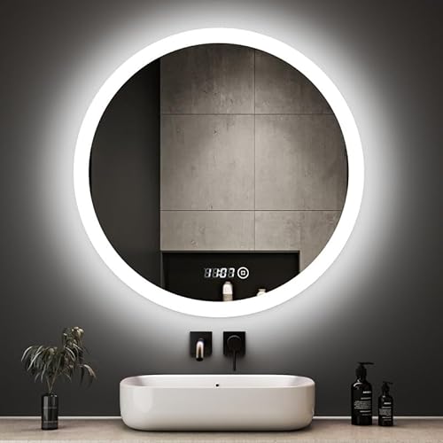 Boromal Badspiegel Rund 60x60cm Badspiegel mit Beleuchtung und Uhr LED Spiegel mit Uhr 3000K-6500K 1810LM Runder Badezimmerspiegel mit Beleuchtung Wandspiegel Rund mit 3 Lichtfarbe Dimmbar + Uhr von Boromal